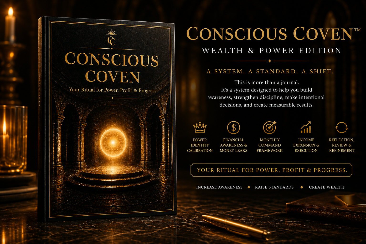 Conscious Coven Wealth & Power Edition guided journal for goal setting, financial awareness, monthly planning, wealth building, productivity, reflection, and personal growth