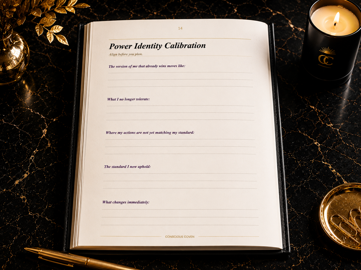 Power Identity Calibration journal page for building standards self trust intentional action and personal leadership
