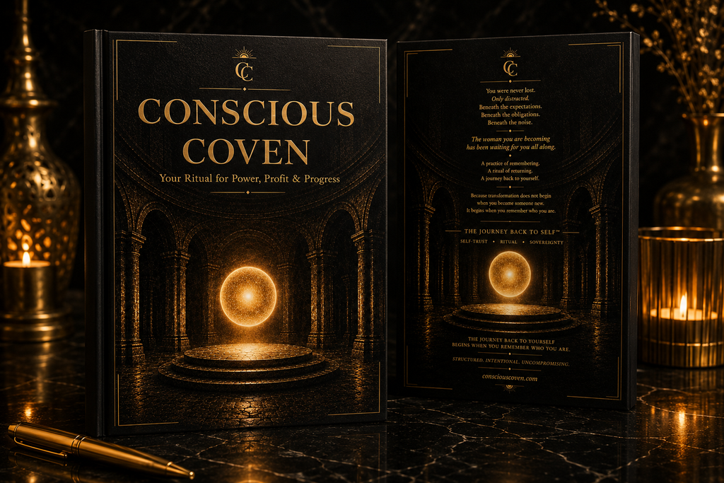Conscious Coven Wealth and Power Journal front and back cover featuring luxury black and gold design for personal growth financial awareness and intentional living