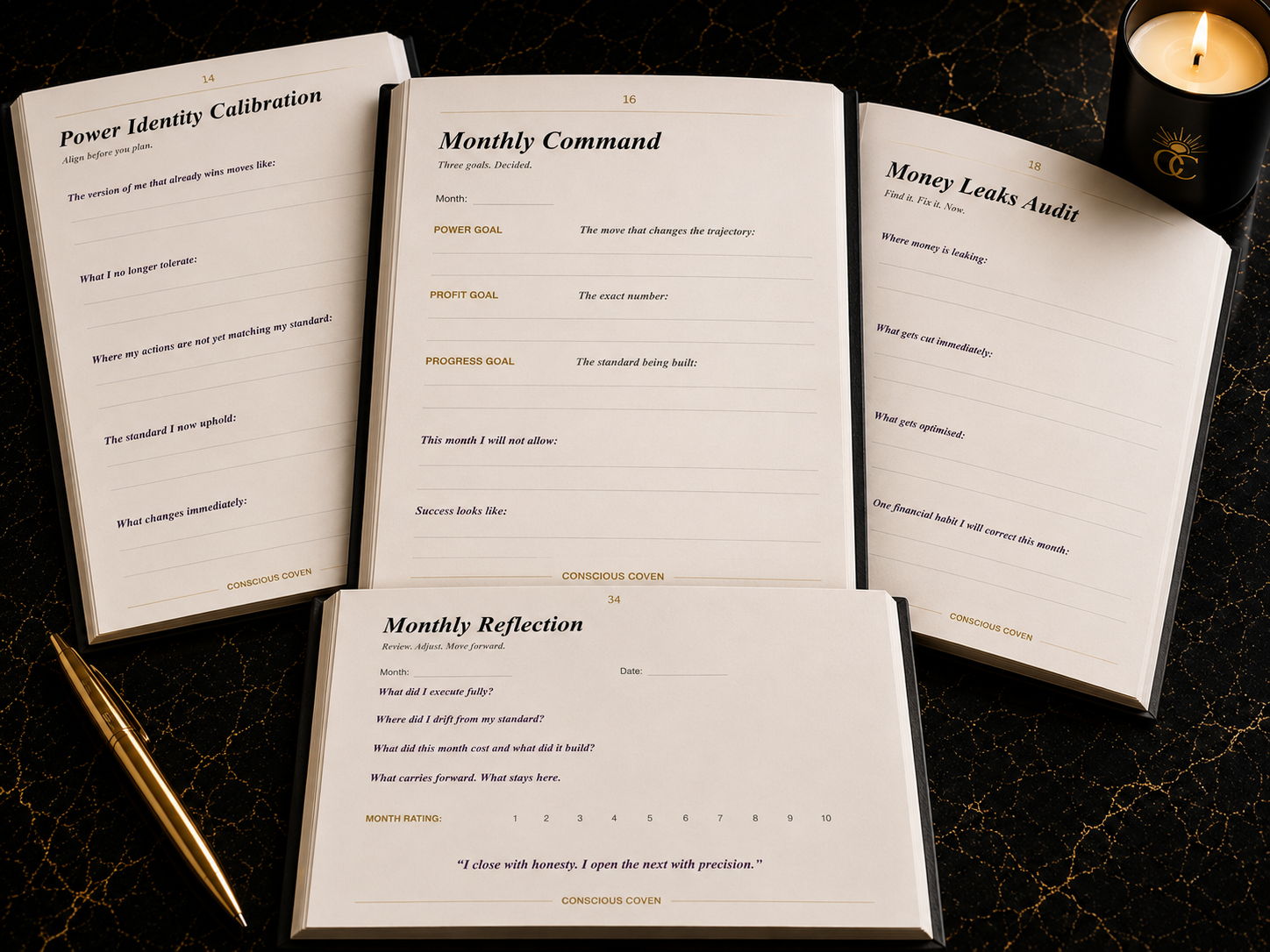 Conscious Coven journal system featuring Power Identity Calibration Monthly Command Money Leaks Audit and Monthly Reflection pages